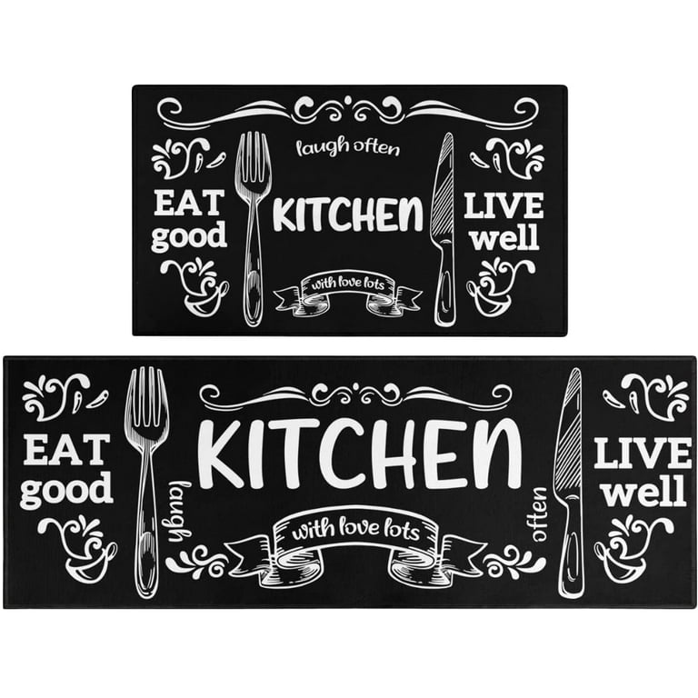 Black Farmhouse Kitchen Rugs Set 2 Piece Motto Design Seasonal