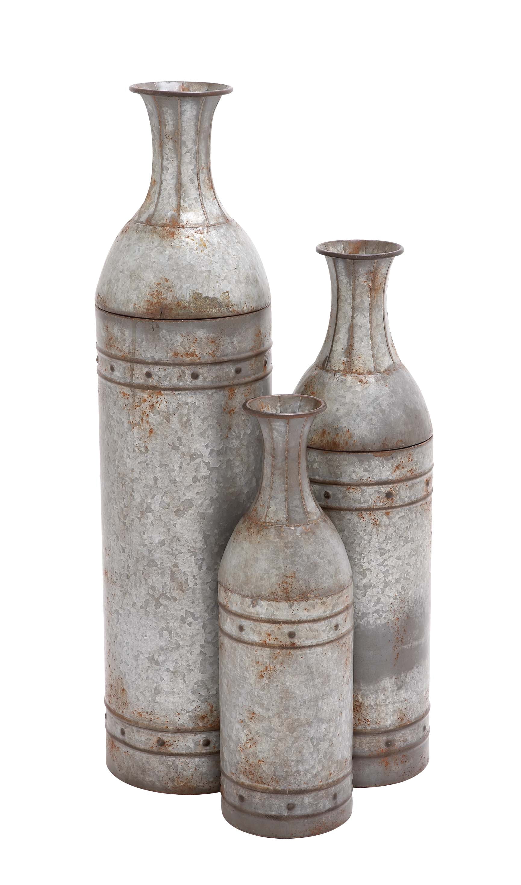 DecMode Large Cylindrical Hammered Metal Silver Floor Vases | Set Of 3 ...