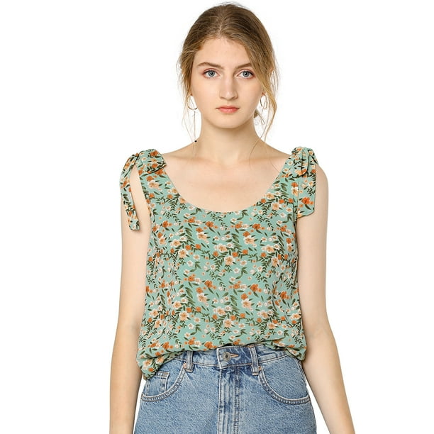 Allegra K Blusa floral sin mangas de gasa con correa de decoración de pajarita sin mangas para mujer Verde L