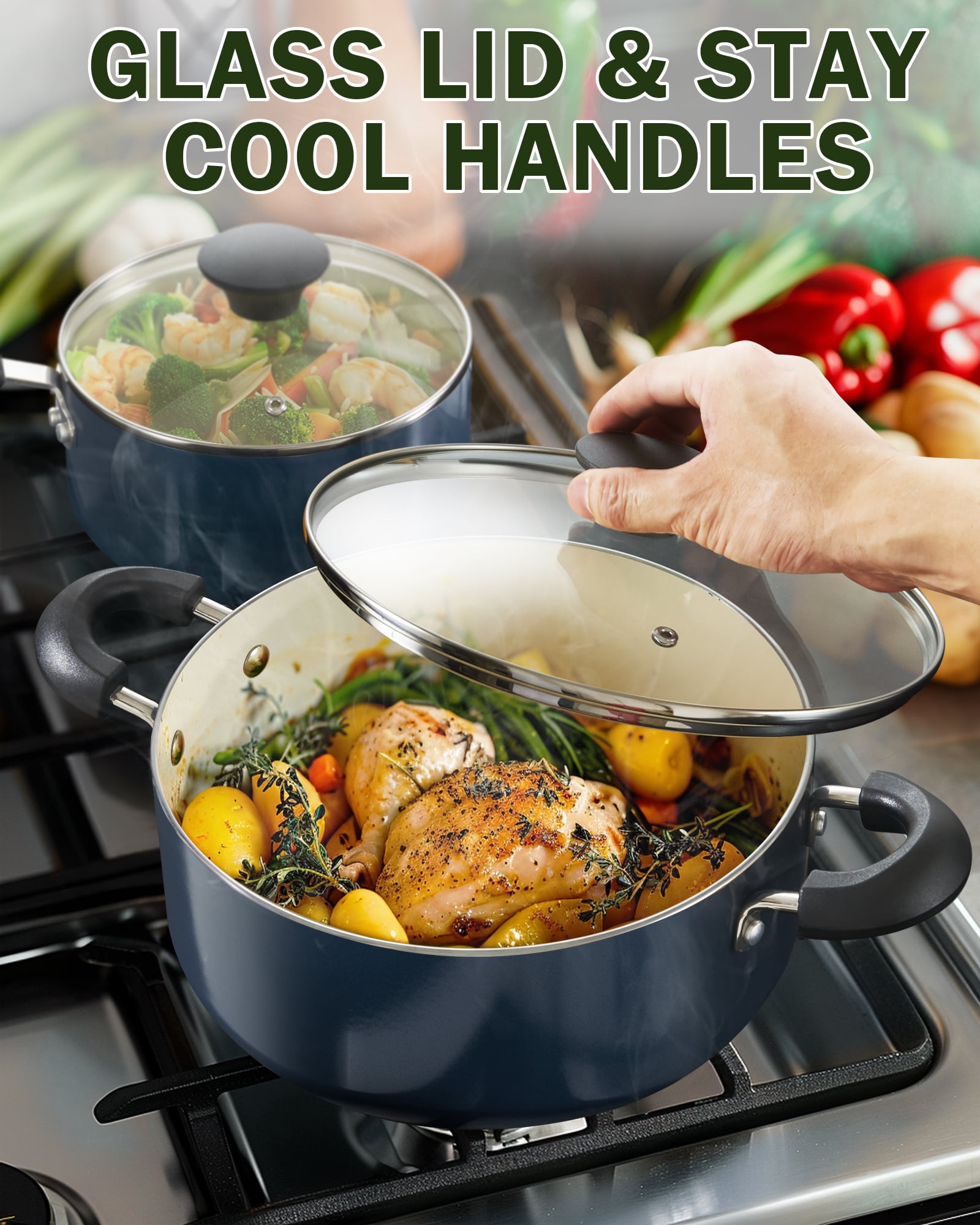 Cook N Home Basics Ceramic Nonstick Pots and Pans Cookware Set, Dutch Ovens and Saucepans with Glass Lid, Frying Pans without Lid, Not Induction, 10-Piece, Blue