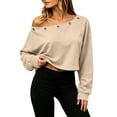thumbnail image 2 of Women's Off Shoulder Crop Top Grommet Detail Long Sleeve Casual Pullover Sweatshirt, 2 of 9