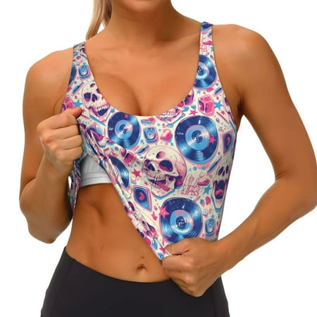 Qokaie blue record rock Skull Pattern Womens Scoop Neck Sports Bra Breathable Workout Vest Padded U Back Medium Impact Fitness Gym Yoga Bra Workout Crop Top