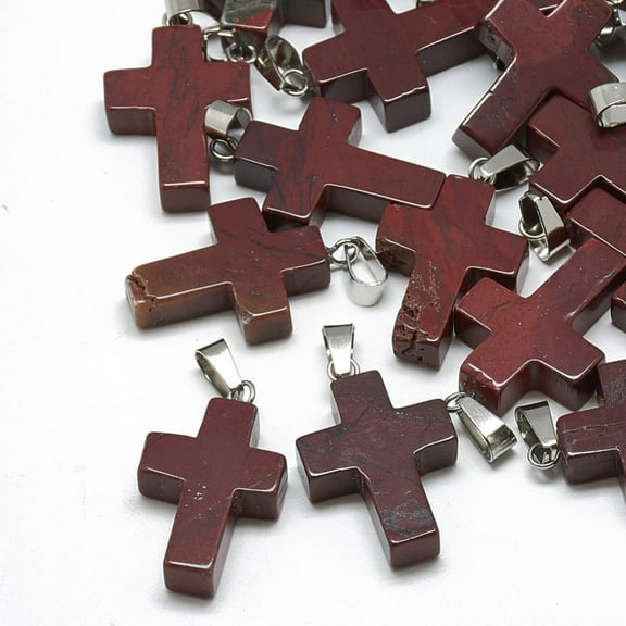 50 pc Natural Red Jasper Pendants with Stainless Steel Snap On Bails Cross 29~30x18~19x5~6mm Hole: 6x4mm