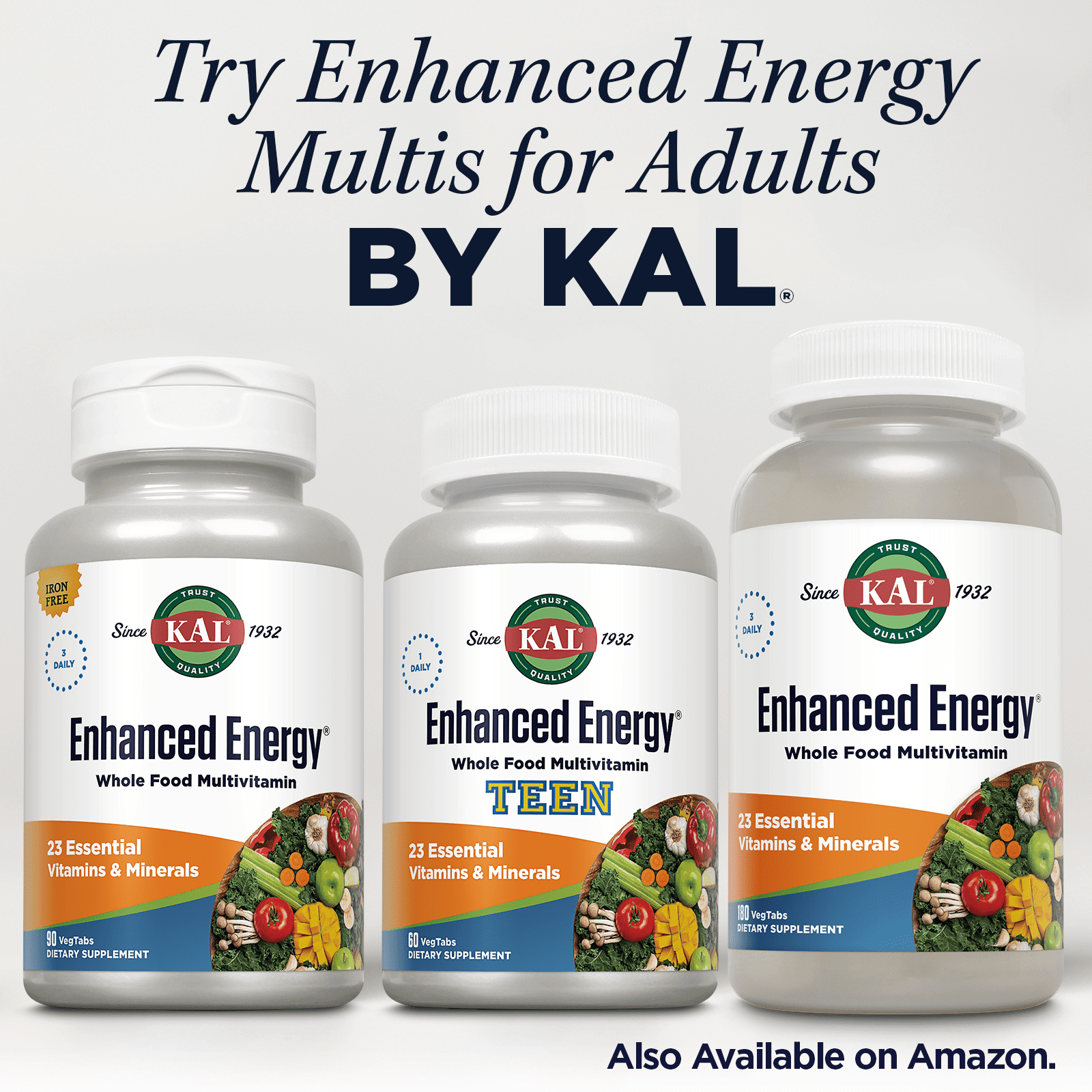 KAL Enhanced Energy Multivitamin for Teens | Memory & Concentration Blend | Equates to 3 Servings of Fruits & Veggies | 32 Ecoganic Foods | 60 Tablets