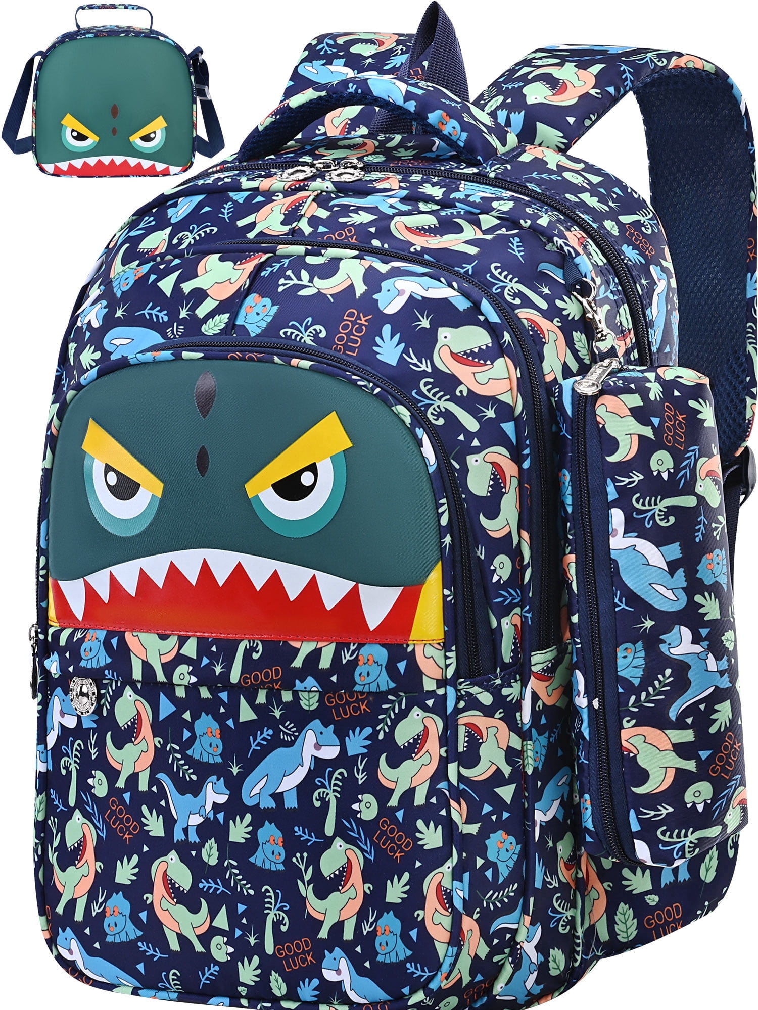 Burufy Kids School Backpack Set for Boys, 3-in-1 School Bag with Lunch Bag & Pencil Case for Primary Middle Students- Green
