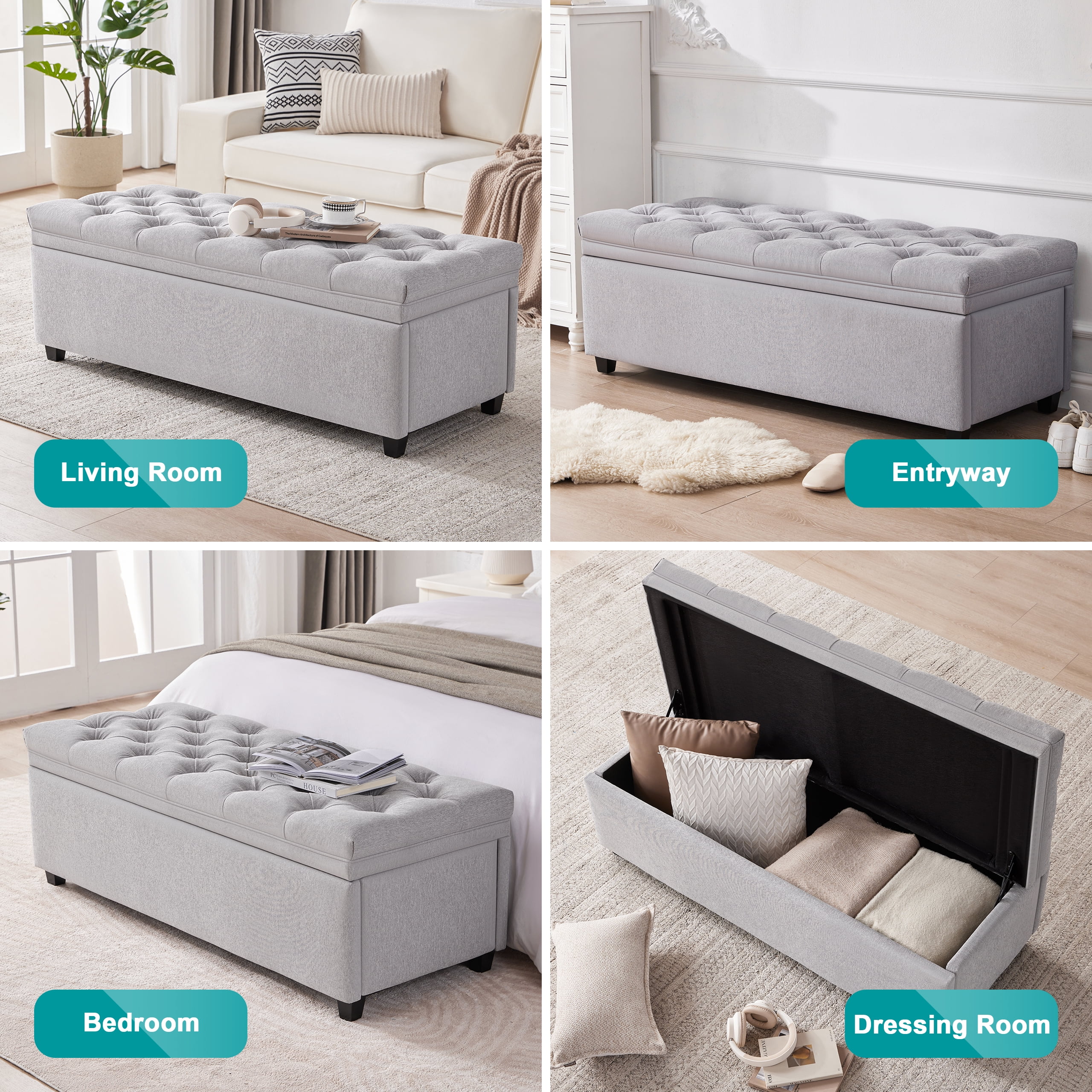 Mangodan 50" Storage Ottoman Bench, Tufted Ottoman With Storage Bench for Living Room, Large End of Bed Bench Ottomans, Modern Entryway Benches, Window & Bedroom Benches for Foot of Bed, LightGray