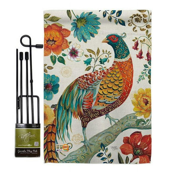 Breeze Decor BD-BI-GS-105056-IP-BO-D-US18-WA 13 x 18.5 in. Suzani Peacock Garden Friends Birds Impressions Decorative Vertical Double Sided Flag Set with Banner Pole