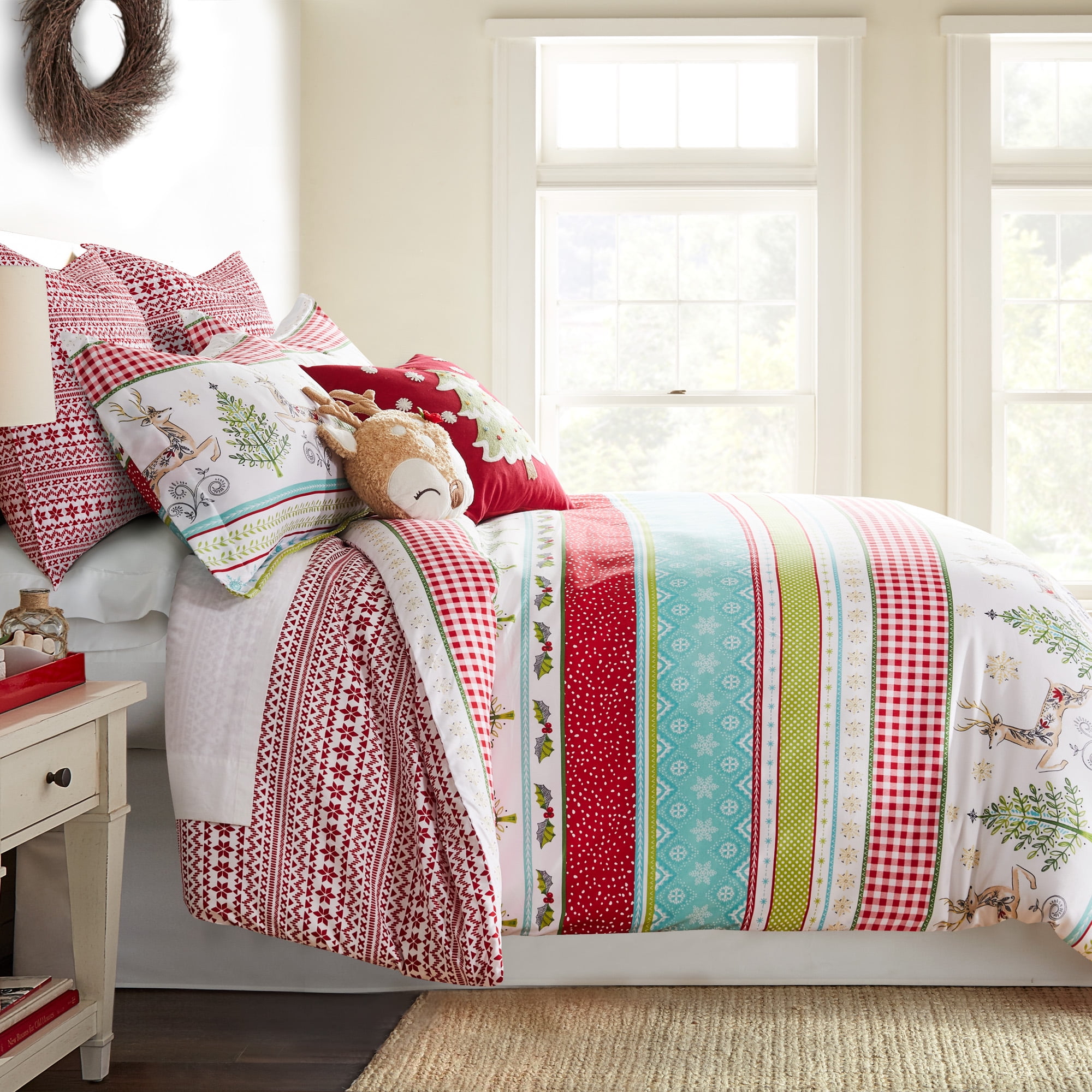 Merry & Bright by Levtex Home - Comet and Cupid Duvet Cover Set - Full/Queen Duvet Cover + Two Standard Pillow Cases - Holiday Deer and Christmas Trees