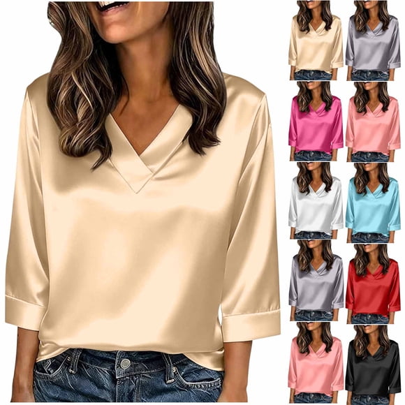 Eiyaclvo Women's 3/4 Sleeve Tops Satin Silk Shirts Business Casual Loose Work Blouse Trendy Tunic Tops Ladies Solid Shirt