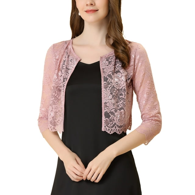 INSPIRE CHIC Women's Cardigan Open Front 3/4 Sleeve Sheer Floral Lace Cropped Shrug Top L Grey Pink