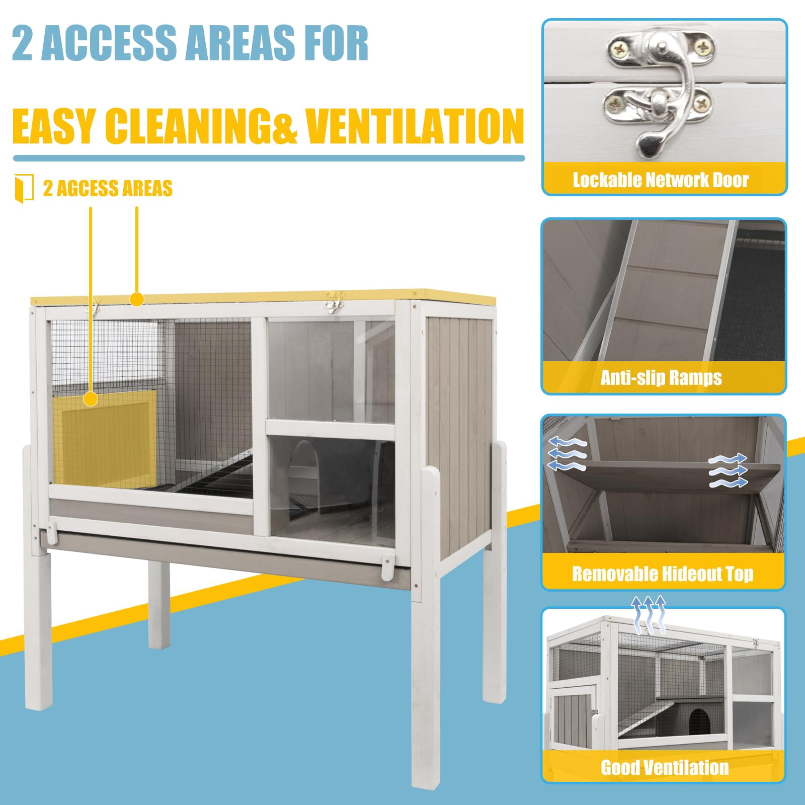 Wooden Guinea Pig Cage Indoor Habitat with Stand, Rabbit Hutch with Ramp and Hideout, Spacious 2-Story Small Animal Cage with Leak-Proof Pull Out Tray, White