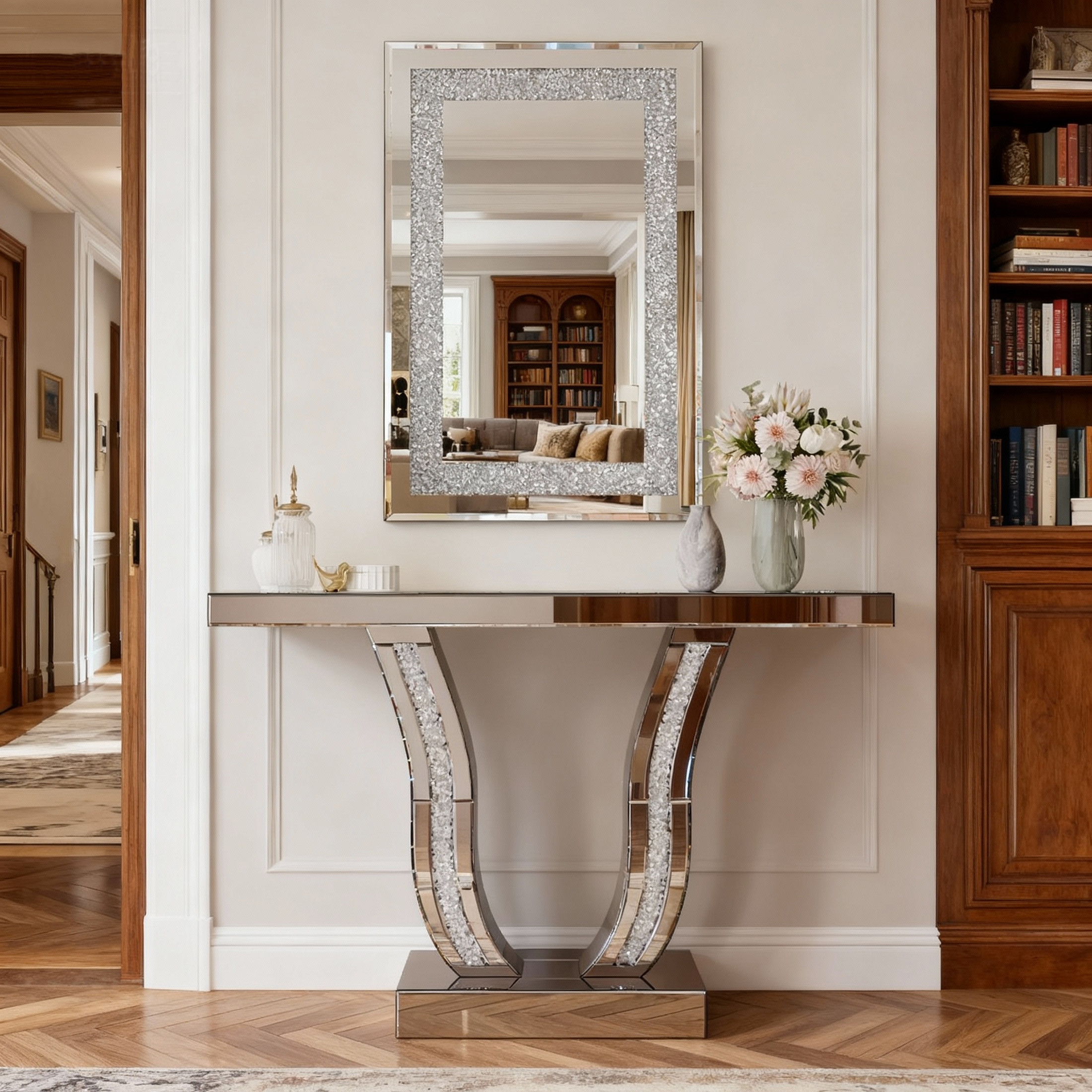 Noble House Crystal Crush Diamond Silver Wall Mirror,Modern Rectangular Mirror with Beveled Edge,Silver