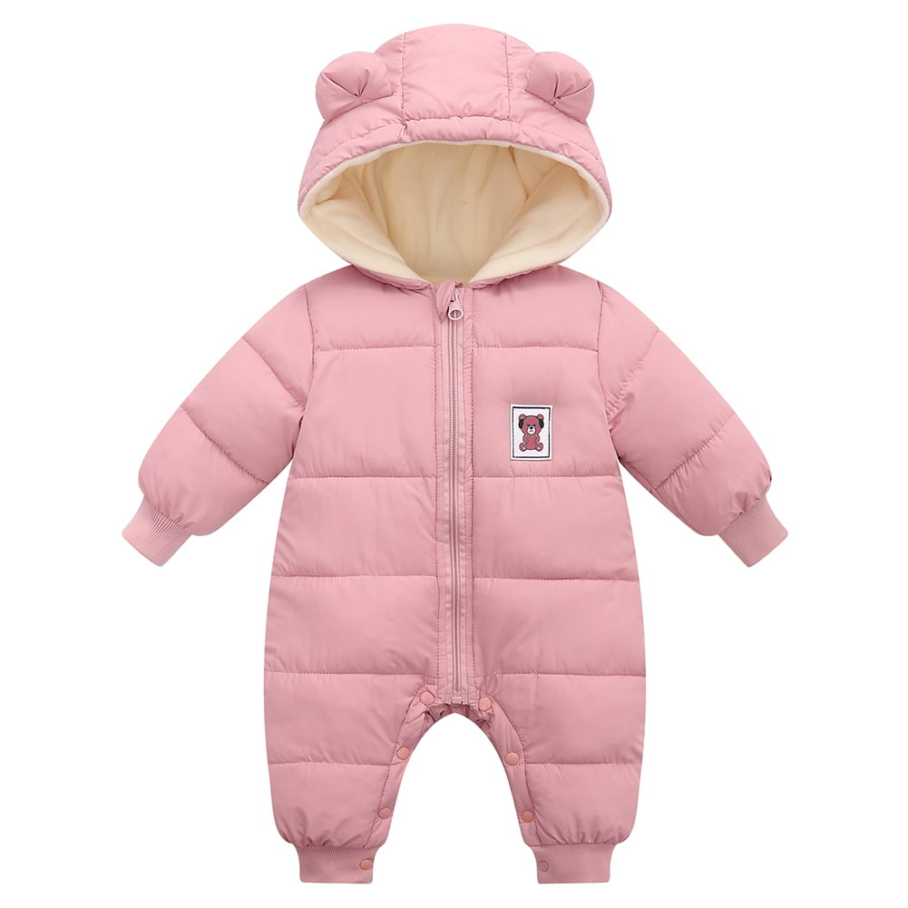 SYNPOS 0-18Months Winter Infant Baby Boys Girls Snowsuit Romper Bear Ears Hooded Outwear Zipped One Piece Toddler Fleece Lined Jumpsuit Down Coat
