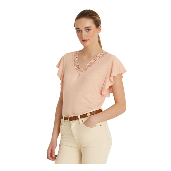 RALPH LAUREN Womens Pink Sheer Flutter Sleeve V Neck Top L