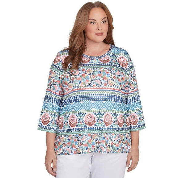 Alfred Dunner Womens Plus-Size Knit Scroll Geometric Crewneck Top