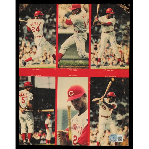 Johnny Bench, Pete Rose, Tony Perez, Lee May, Bobby Tolan & Alex Johnson Autographed 8x10 Magazine Page Photo Cincinnati Reds Vintage Signature Beckett BAS #AD43457