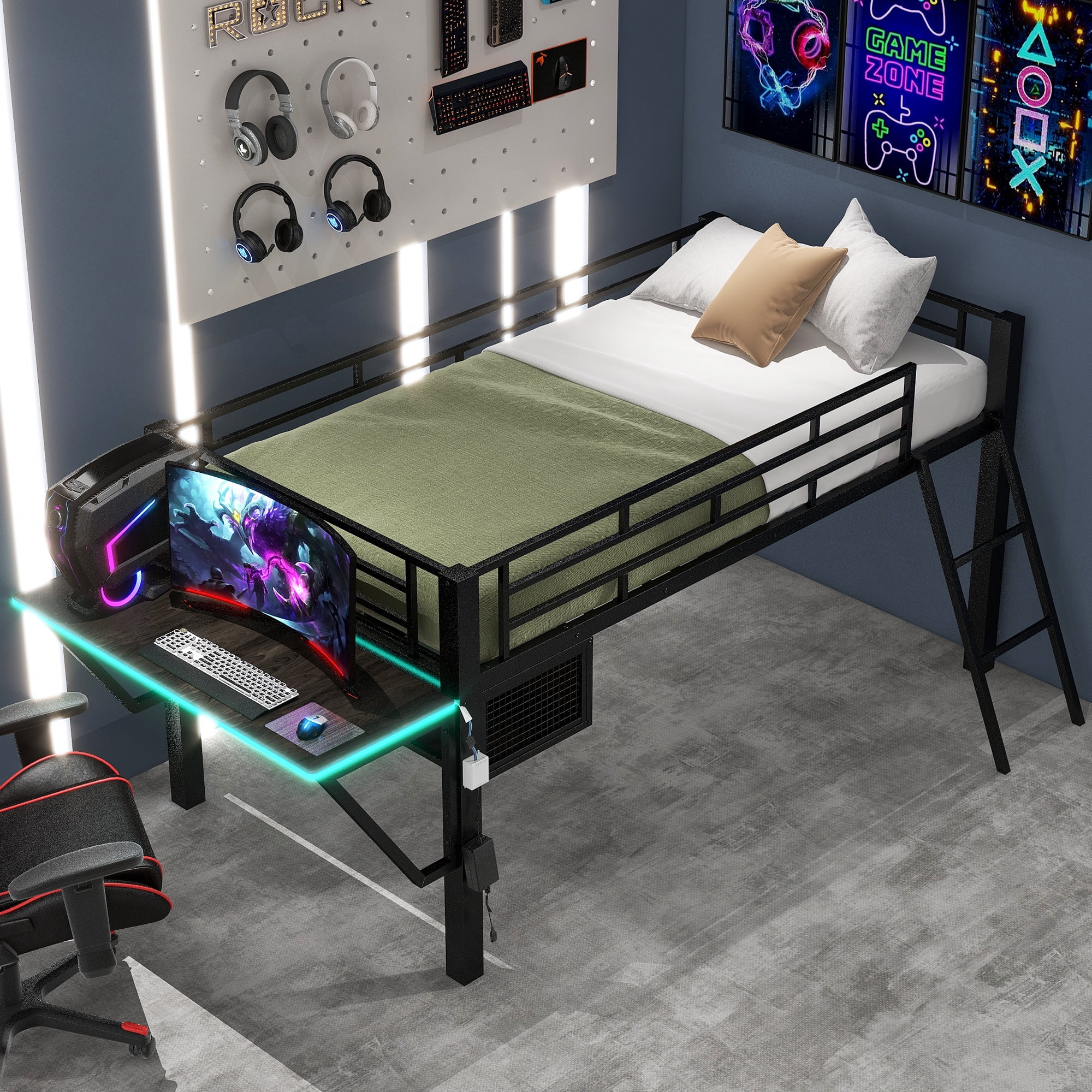 EUROCO Metal Gaming Bed with Desk and LED Light, Twin Loft bed for Kids Teens Adults