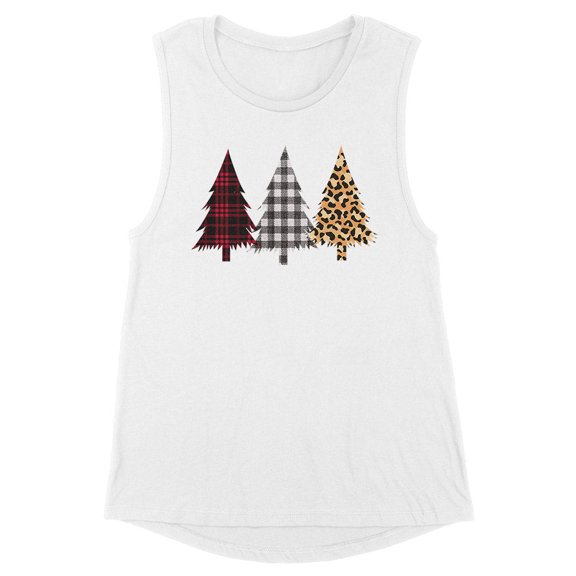 Plaid Print Christmas Trees Women's Muscle Tank Large White