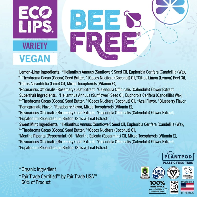 Vegan Lip Balm Sweet Mint by Eco Lips flavor 3 Pack Natural Bee Free with  Candelilla Wax, Organic Cocoa Butter, & Coconut Oil Lip Care. 100%