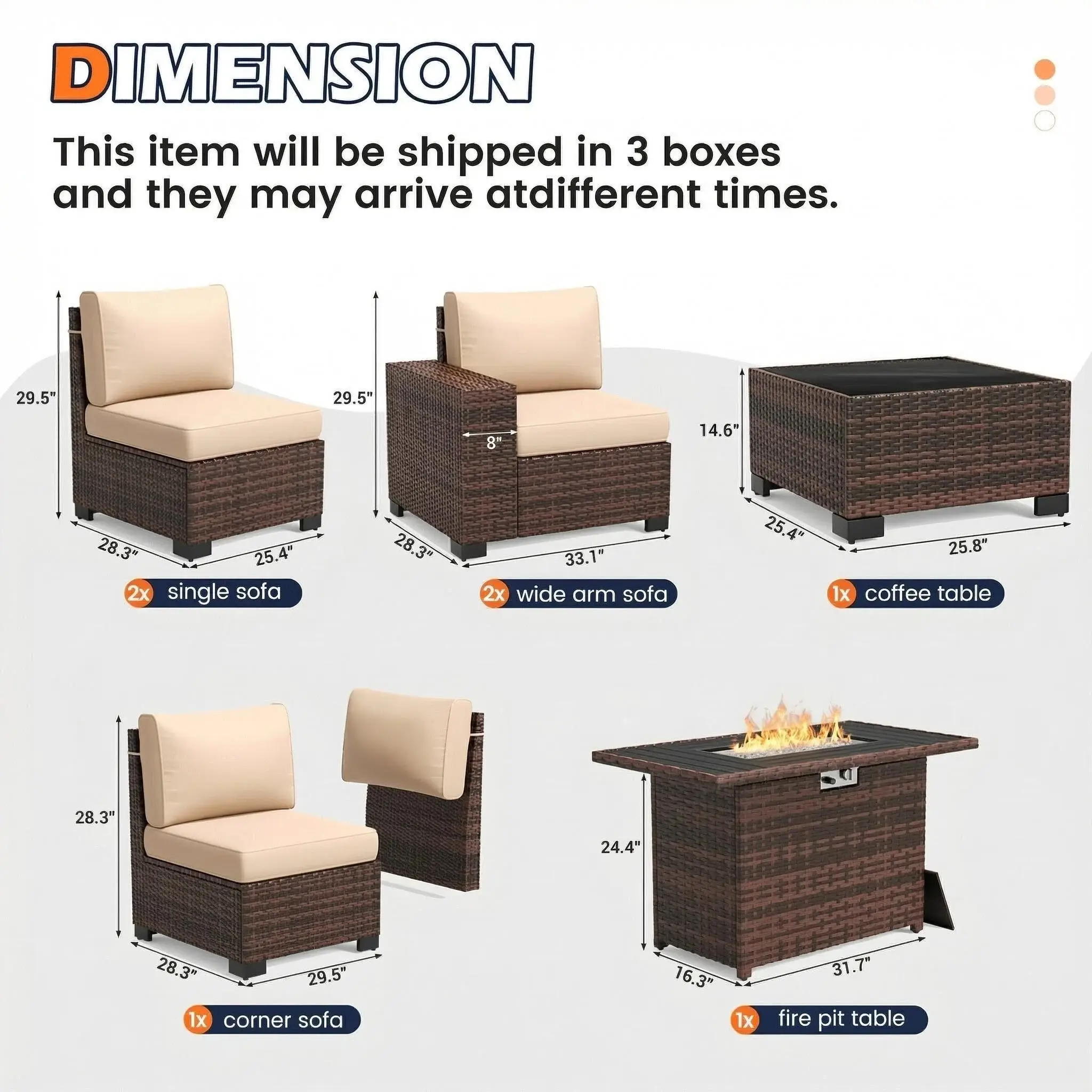 UDPATIO Patio Furniture Set with Fire Pit Table, Outdoor Patio Sofa Set With Wide Armrest, All-Weather Wicker Rattan Guest Set With Cushion And Glass Table And Waterproof Cover, Brown&Khaki