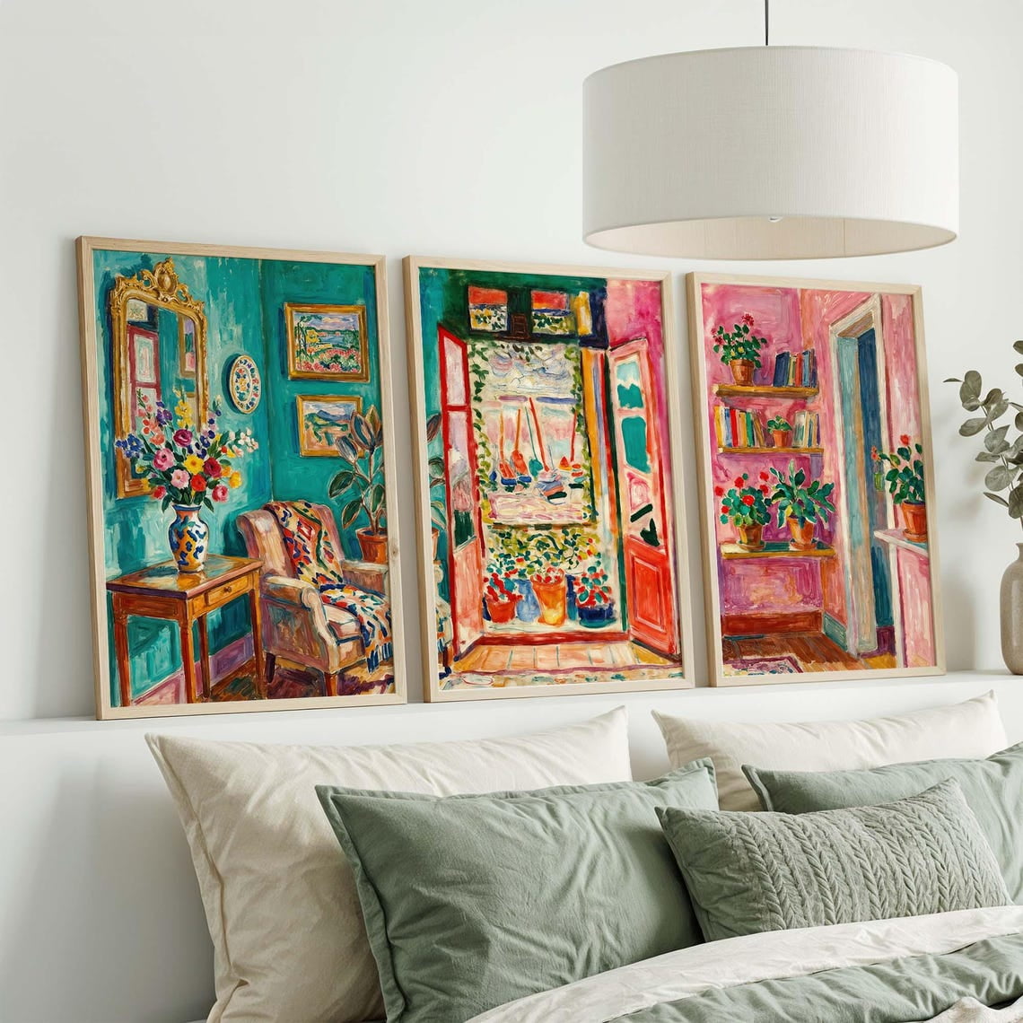 Open Window Print Colorful Interior Triptych Maximalist Gallery Wall, Poster Only