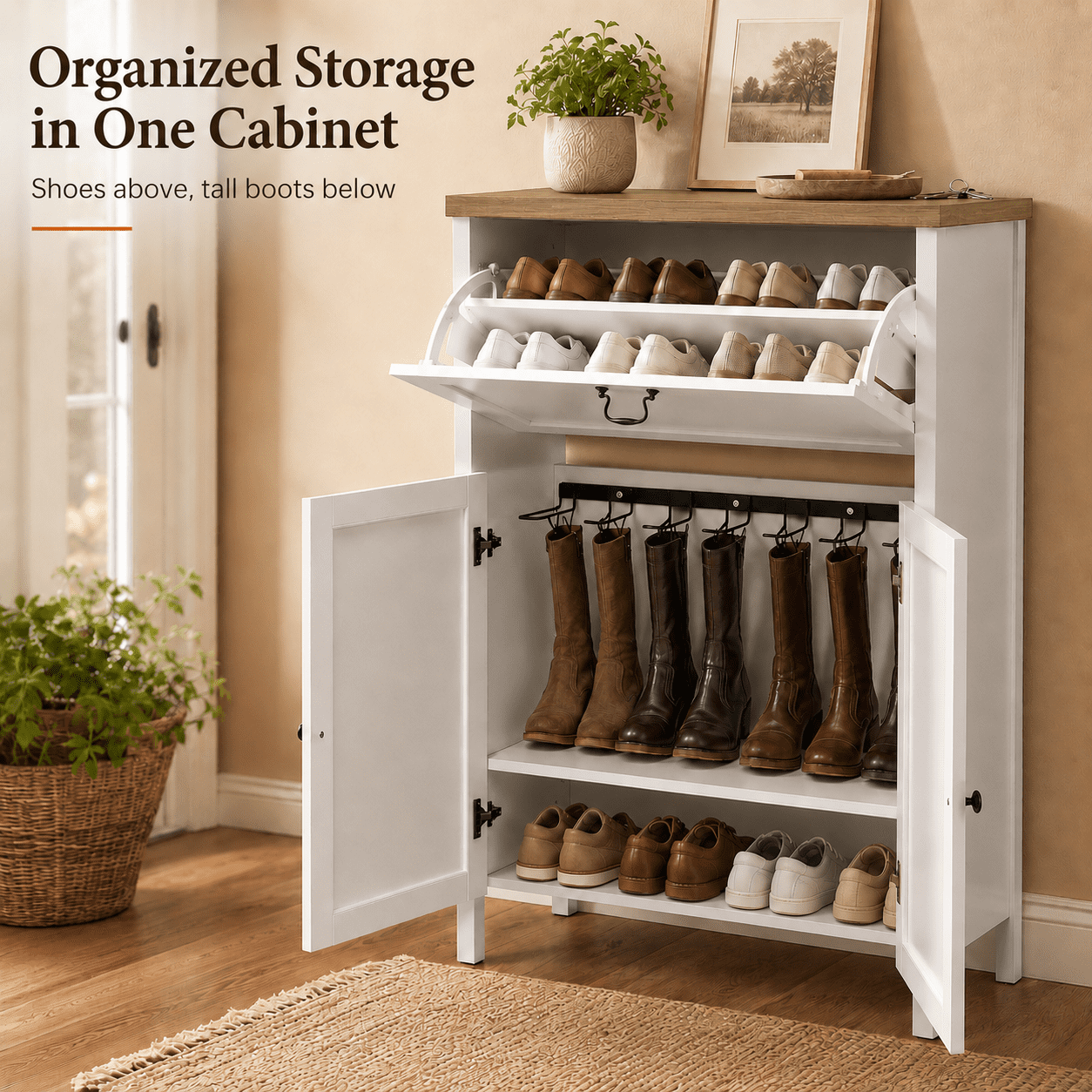 Shoe Cabinet with Flip Drawer, Boot Rack and 6 Boot Clips, Narrow Entryway Shoe Cabinet with Adjustable Shelf, Freestanding Shoe Organizer Cabinet for Entryway, Foyer, 31.5"W x 15.7"D x 45.3"H