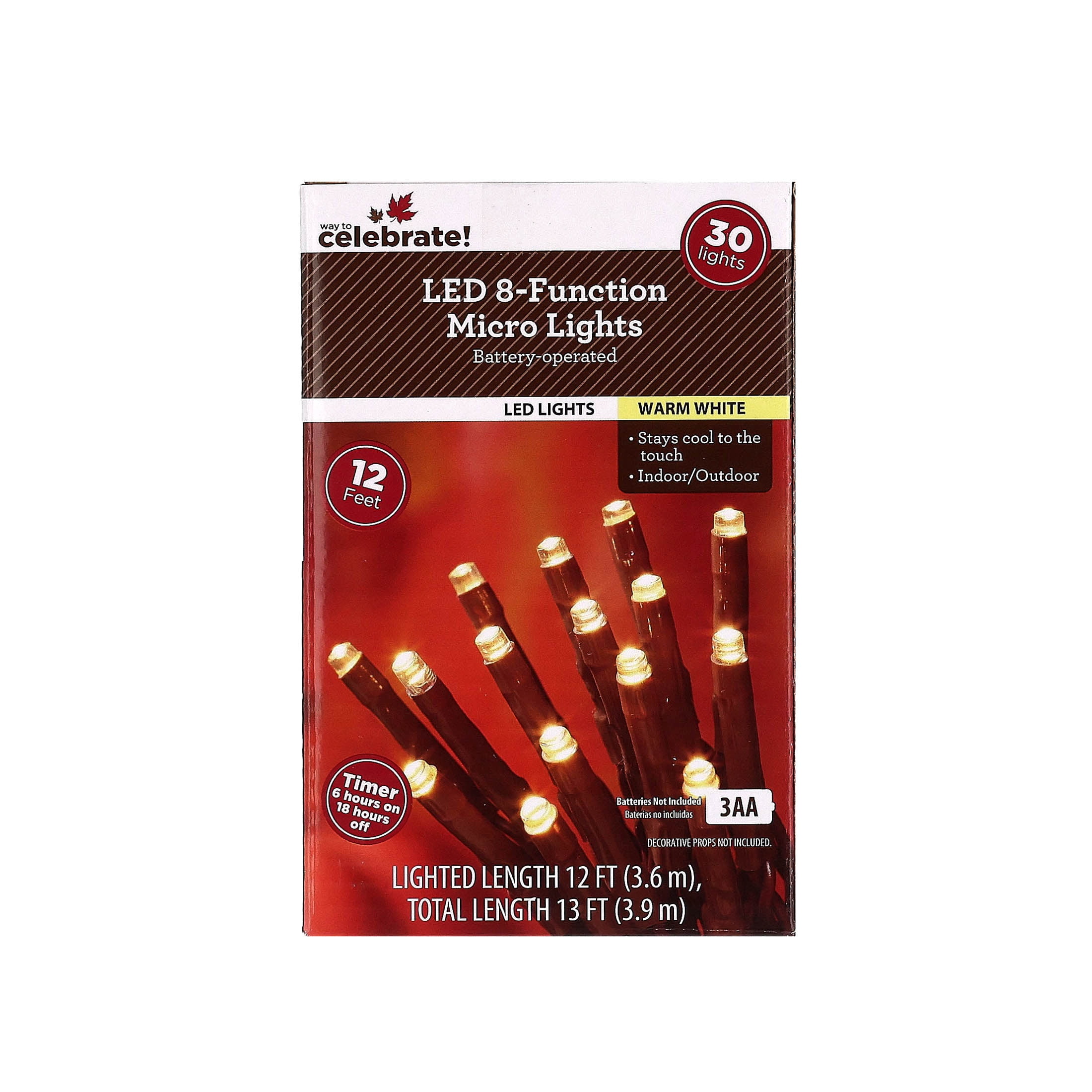 Indoor/Outdoor 30-Count Battery-Operated LED 8-Function Micro String Lights, Warm White, 12', Fall by Way To Celebrate