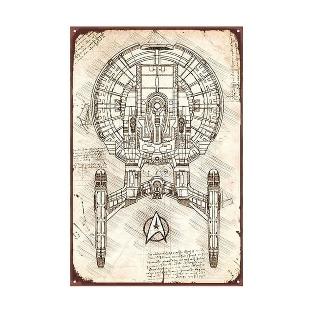 Letrero de aluminio con diseño de Star Enterprise NX-01 Sketch Da Vinci Art, letrero de metal para bar, pub, hogar, decoración de pared, arte retro en metal, tamaño: 12 x 8 pulgadas