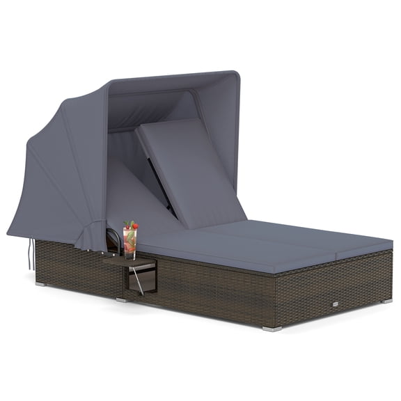Patiojoy Patio Double Chaise Lounge with Shade 6-Level Adjustable Wicker Recliner Bed Gray