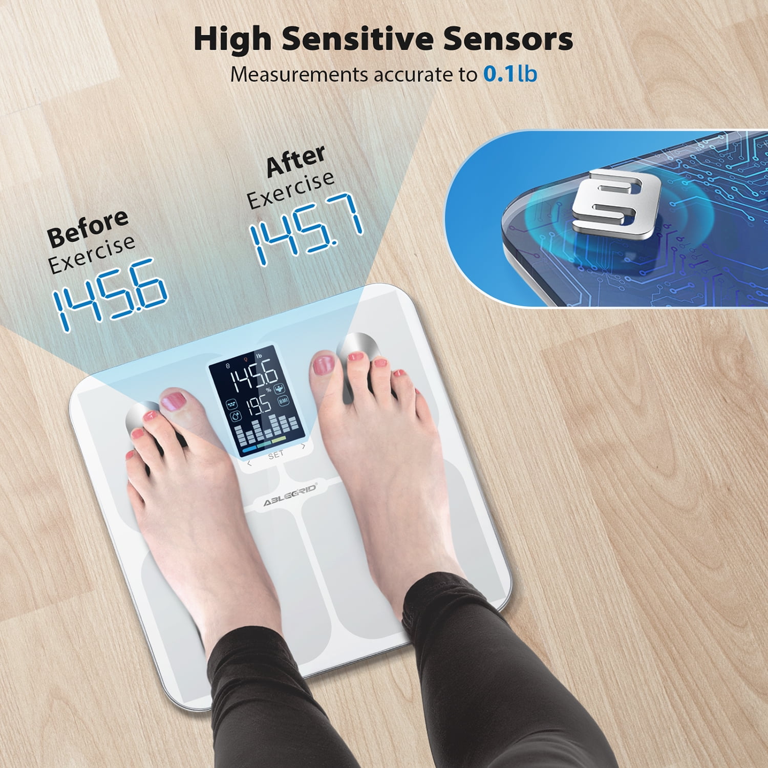ABLEGRID Smart Accurate Digital Bathroom Scale with Bluetooth App, White, 400lb Capacity