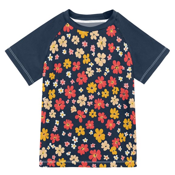 FORMRS Boys Rash Guard Short Sleeves Swim Shirt Quick Dry UPF 50  Sun Protection, Sizes 3-12T, Small Colorful Flower