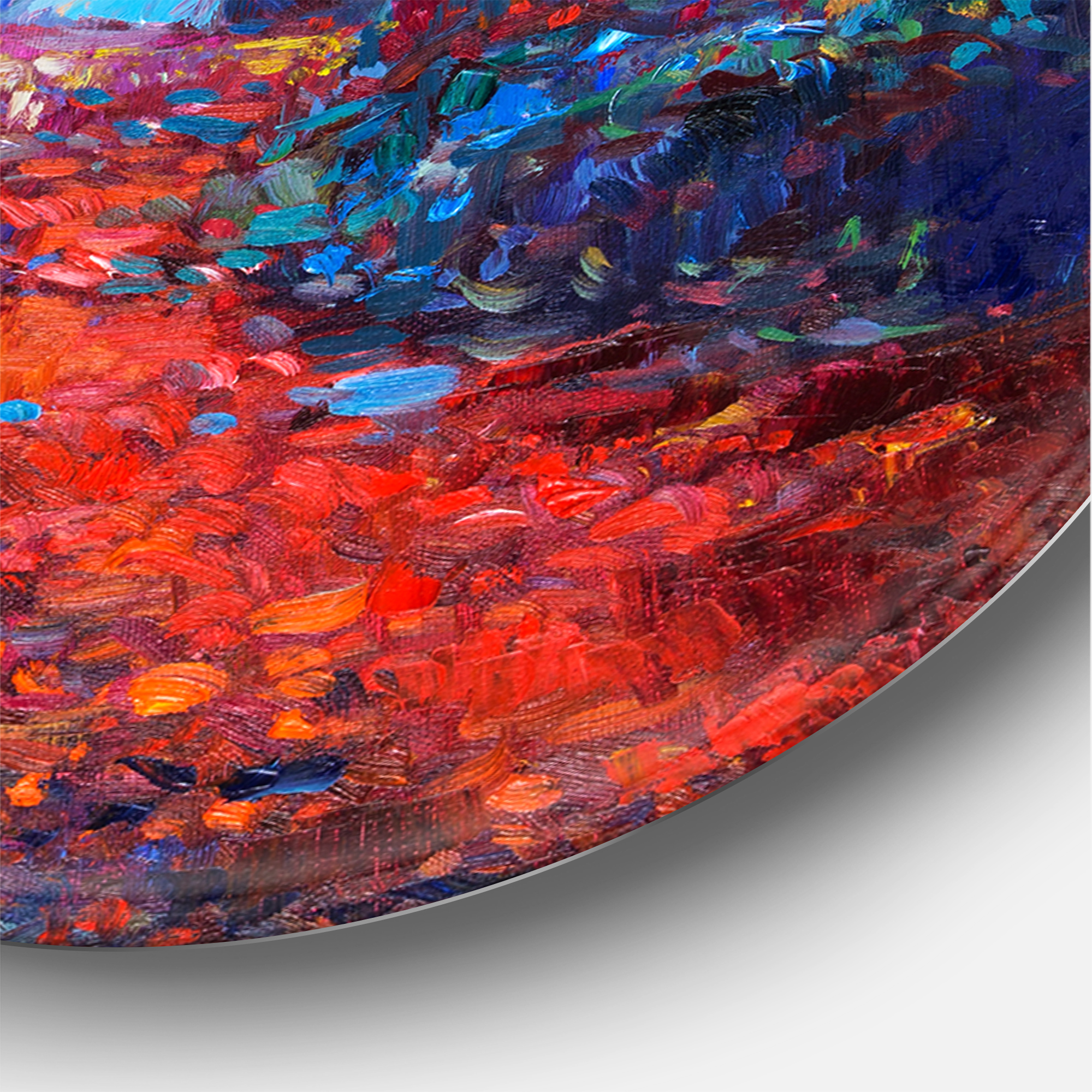 Designart 'Red Autumn Landscape With Little Road' Traditional Circle Metal Wall Art 29x29 - Disc of 29