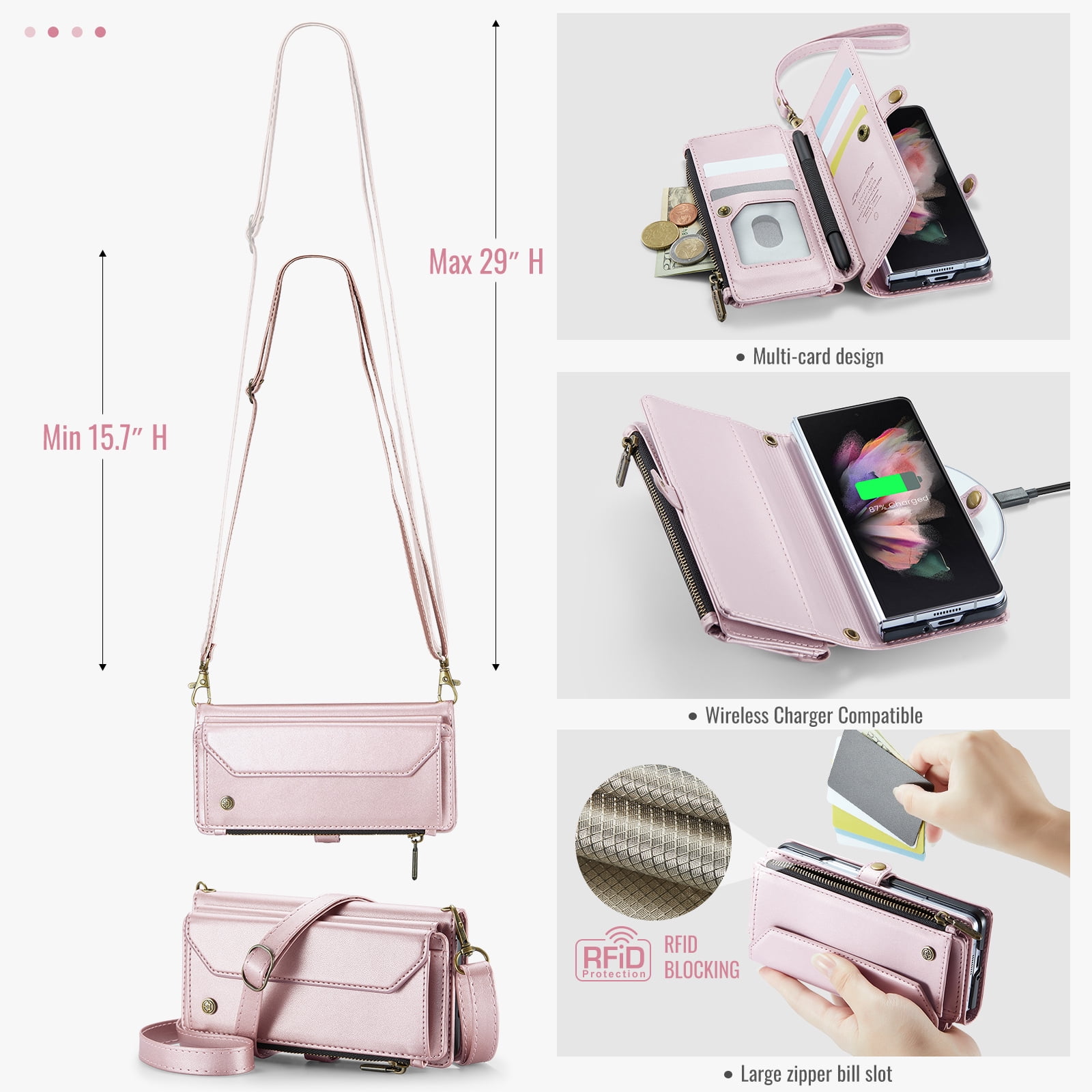 Dteck for Samsung Galaxy Z Fold 5 Case with RFID Blocking Wallet Case for Women Men, Shockproof PU Leather Magnetic Flip Strap Zipper Card Holder Phone Case,Pink