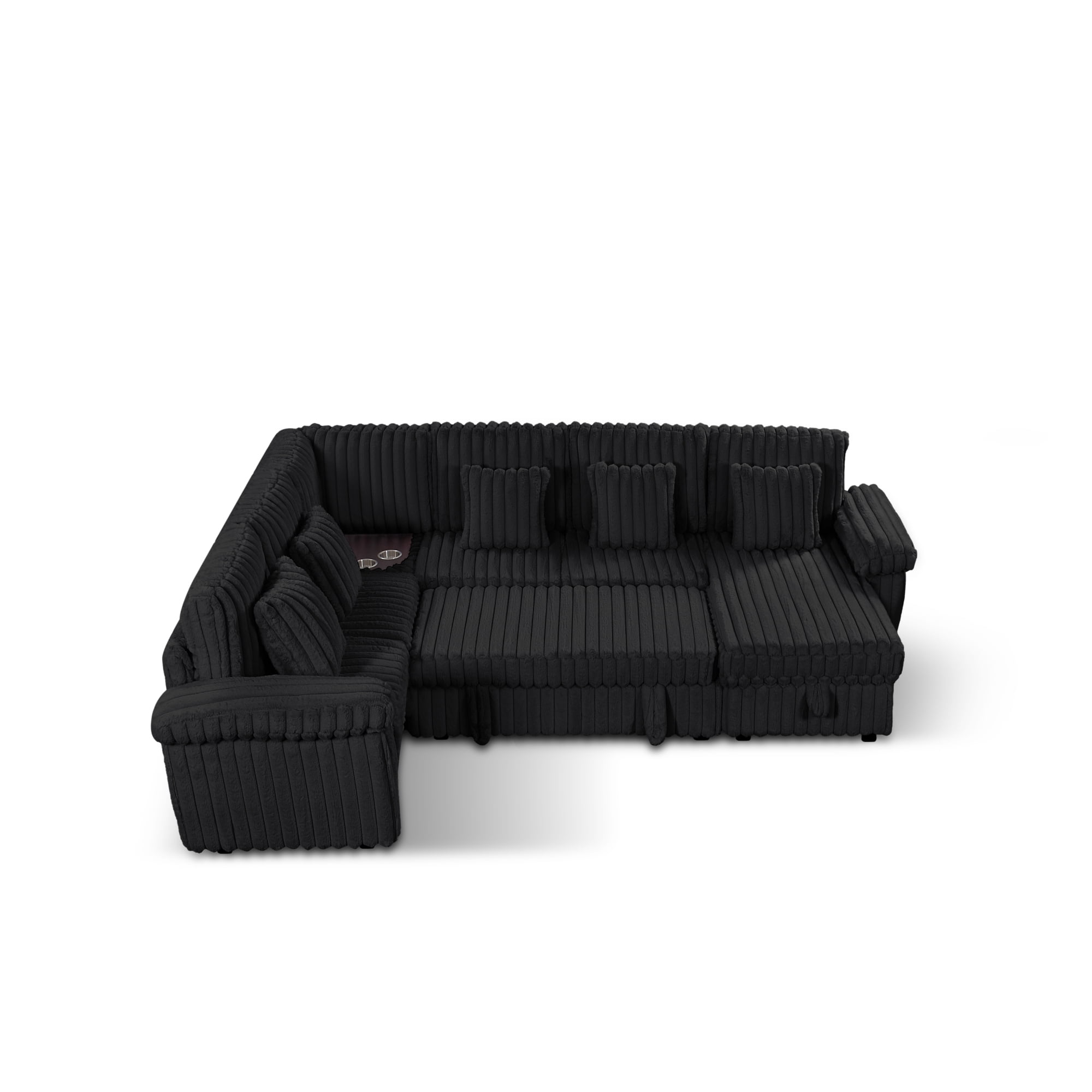 103" U-Shaped Corduroy Sectional Sofa with Pull-Out Sleeper Bed and Storage Chaise, Soft Plush Modular Sofa Couch with Corner Table with Cup Holders and USB Port for Living Room