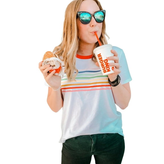 Women's White Rainbow Stripe Print Contrast Crewneck T-Shirt - Casual Summer Style - [ZhiHiMeRi] | (US 12-14)L