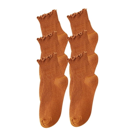 Xfvqtps 3 Pairs Womens Thread Socks with Wooden Ear Edges Mid Tube Solid Colored Premium Comfort Soft Cozy Warm Cotton Socks Coffee