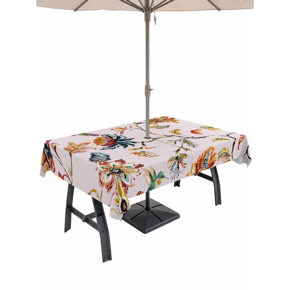 Outdoor Tablecloth with Umbrella Hole for Patio/Picnic/Party/Camping, Pink Spring Floral Waterproof Table Cloth Rectangle Table Cover Washable, Summer Botanical Vintage Birds (52"x 70")