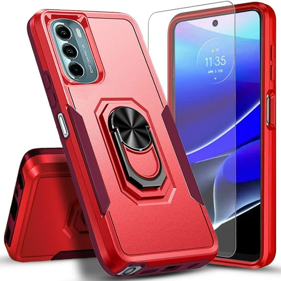 Circlemalls for Galaxy A14 5G case, Tempered Glass Screen Protector, Ring Stand Armor Cover Case-Red