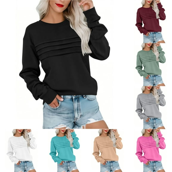 Otntypg Fall Womens Crewneck Sweatshirts Lightweight Long Sleeve Ruched Pleated Basic Solid Color Tunic Tops Loose Oversized Comfy Pullover Blouse Wine L
