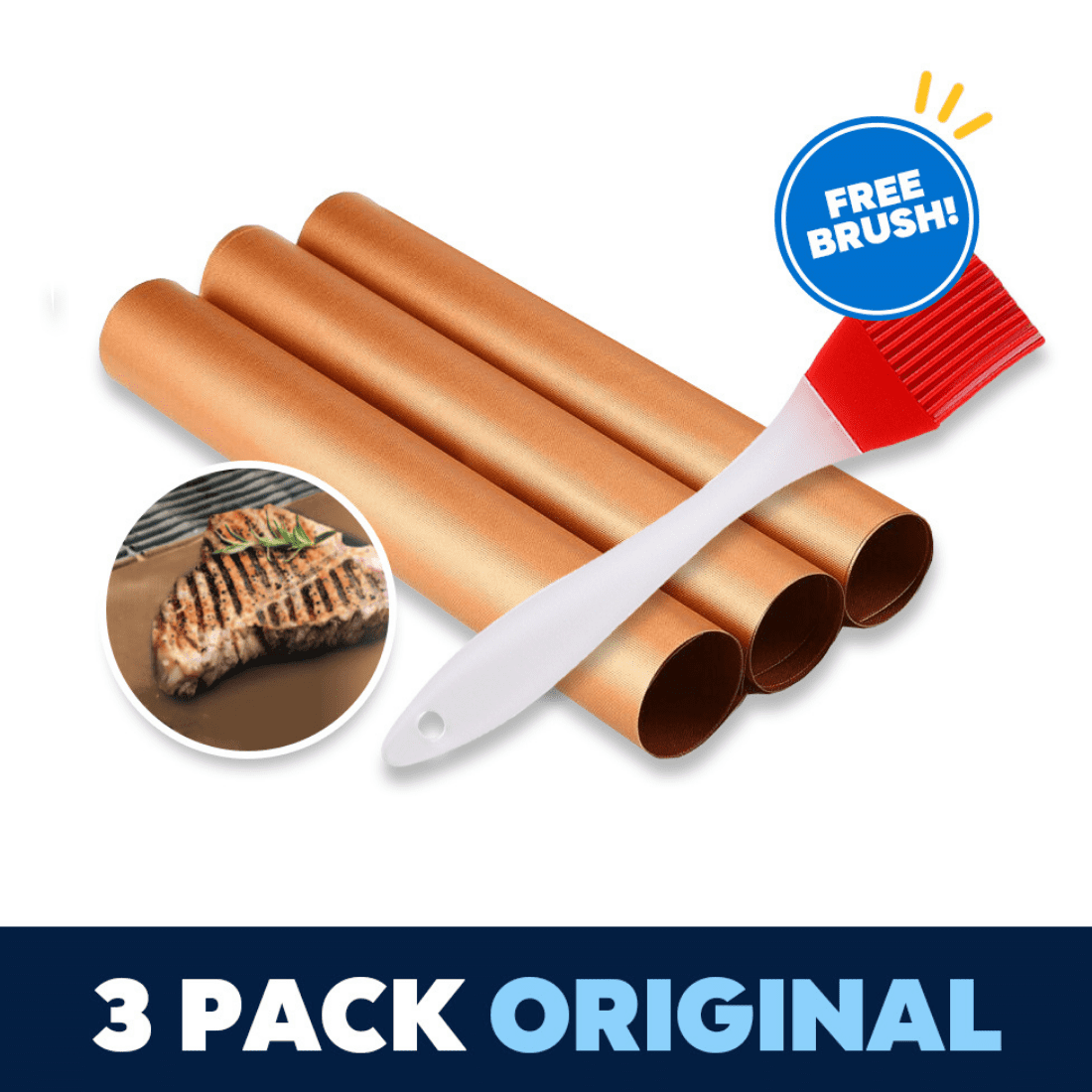 Goodies Bay BBQ Grill Mats Set of 3 with 2 Silicone Brushes 100% Non Stick Reusable and Easy to Clean Outdoor Bake Mat 15.75 x 13 Inch Copper 