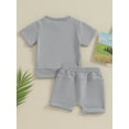thumbnail image 5 of FEORJGP Infant Baby Boy Summer Set Newborn Short Sleeve T-shirt Side Slit Pullover Crew Neck Shirt Solid Color Tops + Elastic Waist Drawstring Shorts Folded Hem Shorts Toddler Loose Casual Outfits, 5 of 9
