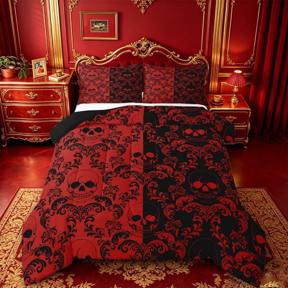 jejeloiu Gothic Skull Queen Comforter Set,Baroque Damask Comforter Sets Queen For Adults,Red Black,Black Reversible,3-Piece,1 Comforter and 2 Pillowcases