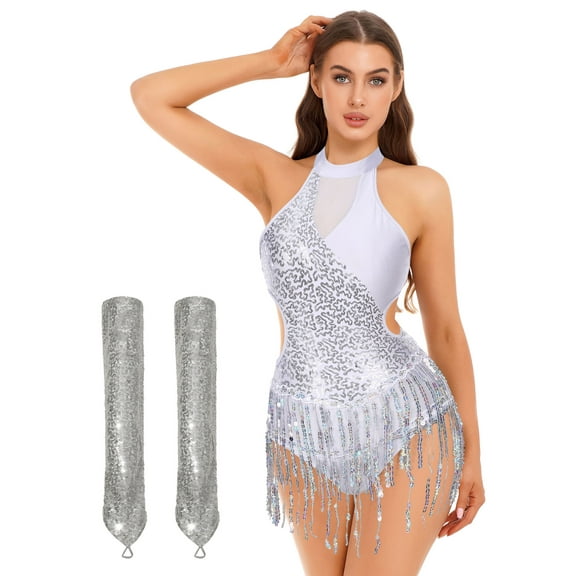 iiniim Women Sequin Latin Dance Outfits Sleeveless Fringed Ballroom Leotard with Gloves Salsa Tango Dancewear Silver L