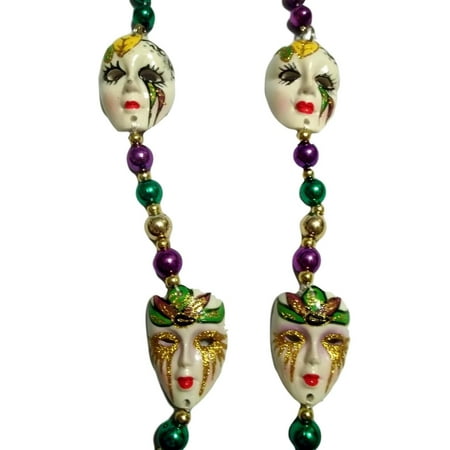 4 Ceramic Mask Faces Mardi Gras Beads Party Favor Necklace