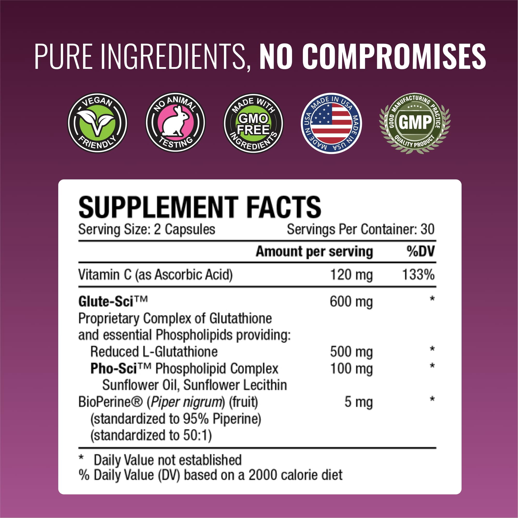Approved Science Glutathione - Glutathione 500 mg - Phospholipid Complex, Vitamin C, Bioperine - Top Antioxidant to Help Neutralize Free Radical - Vegan Friendly - 60 Capsules - 1 Bottle