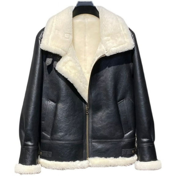Women and Men's Winter Fashion Coat Pilot Biker Mortorcyclist Jacket Genuine Leather Sheepskin Shearling Black and White Wool Liner Plus Size for over 110kgs,Black,46