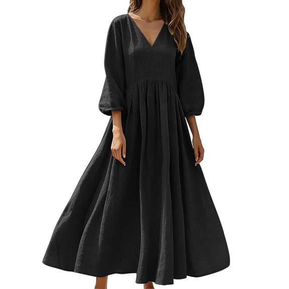 Qiopertar Linen Dress for Women Loose Casual V-Neck Three-Quarter Sleeve Solid Color Dress Spring Summer Beach Travel Boho Relaxed Gauze Maxi Dress, Black M