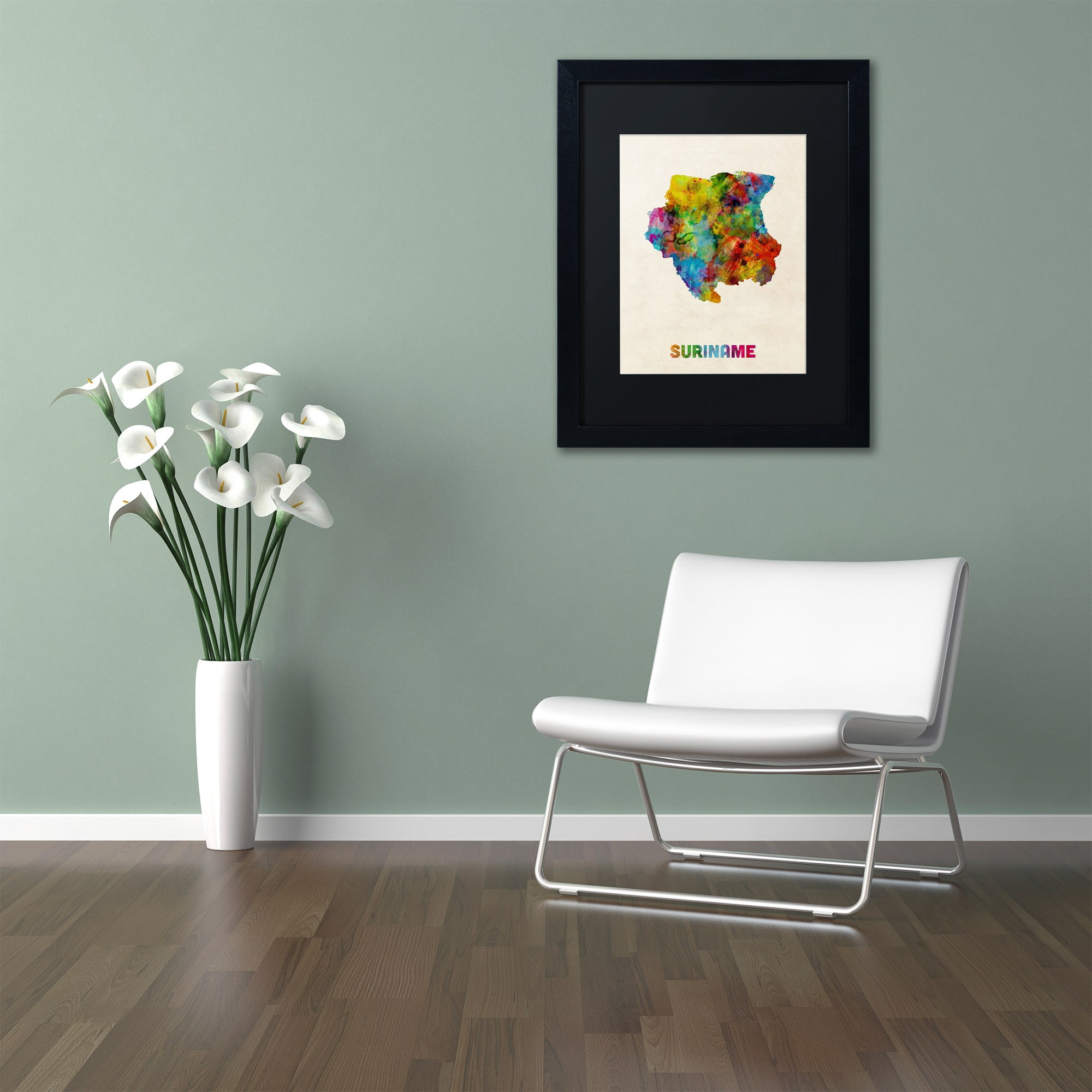 Trademark Fine Art "Suriname Watercolor Map" Canvas Art by Michael Tompsett Black Matte, Black Frame