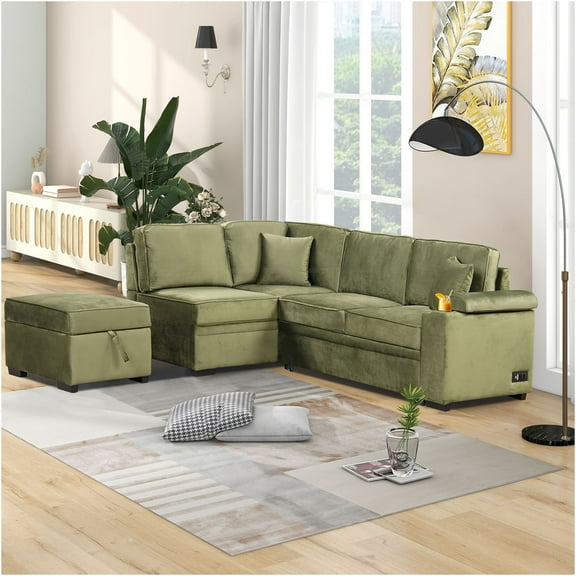 JERFIT Green Velvet L-Shaped Sleeper Sofa Bed with Storage Ottoman, Convertible Sectional Couch for Small Spaces, Living Room, Bedroom, and Apartments