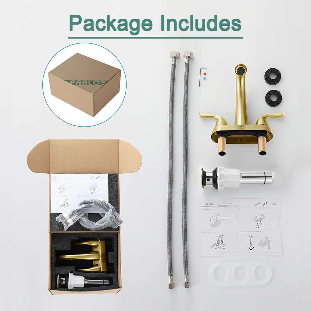 PARLOS Centerset Two-Handle Bathroom Sink Faucet with Metal Drain Assembly and Supply Hose,Brushed Gold
